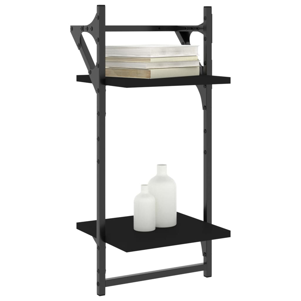 Wall mounted shelves with 2 shelves and rods set of 2 black 30 x 25 x 65 cm