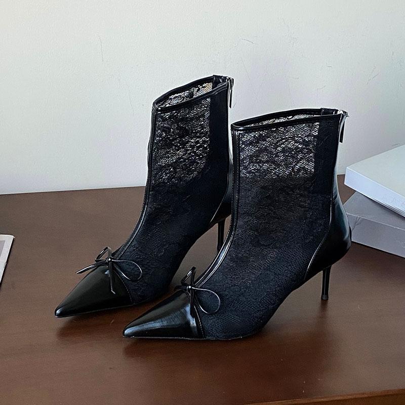 Fashion Fashion Butterfly-Knot Women Ankle Boots Shoes Female Thin Heels Footwear Pointed Toe Ladies Modern Booties Shoes With Zippers