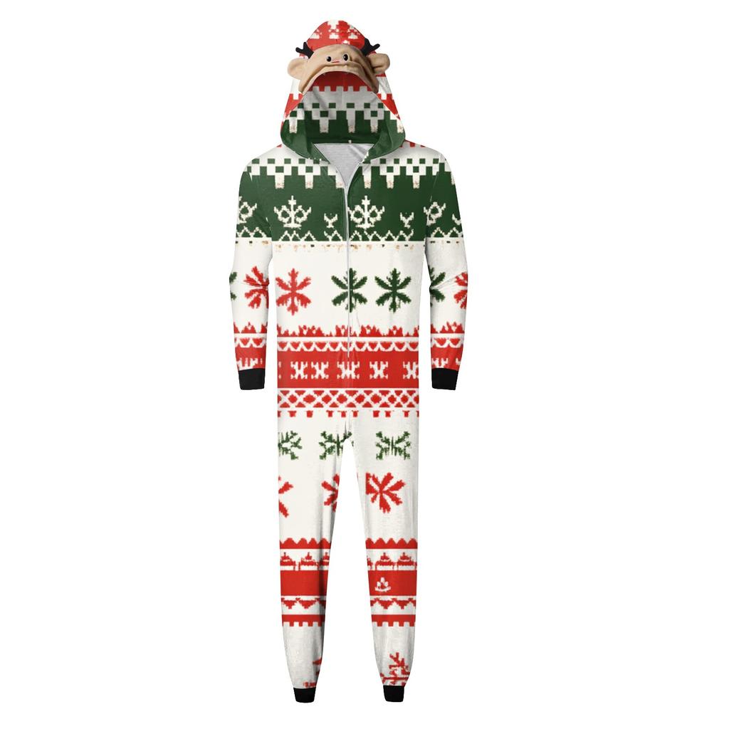 Parent Child Outfit - Christmas Print Family Matching Hooded Long Sleeved Zippered Jumpsuit Set