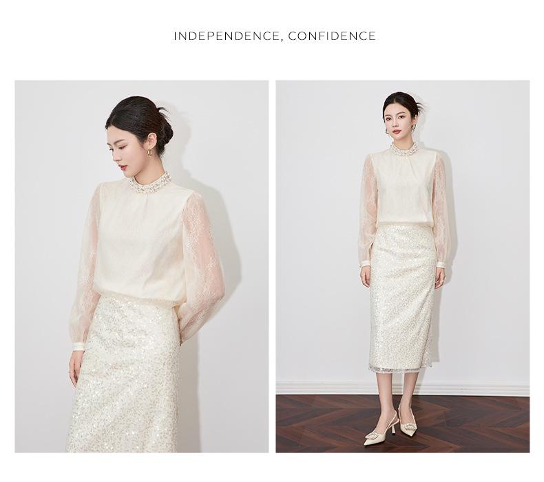 Nanyou Light Luxury Beaded Collar Mesh Sequin Lace Embroidered Spring Shirt for Women