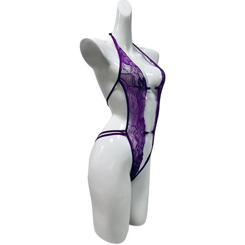 Sexy Female Perspective Lace One-piece Erotic Underwear Front Open Chest Temptation Neck Sm Uniform Pure Desire