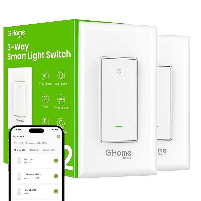 GHome Smart Switches for Lights, WiFi Smart Light Switch Works with Alexa and Google Home, Single-Pole, Neutral Wire Required, 2.4Ghz WiFi Light