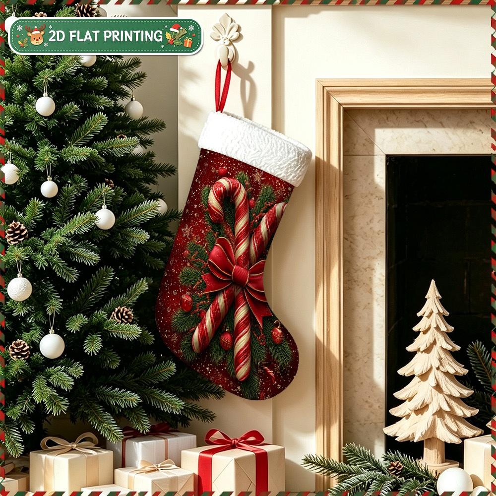 Christmas decoration fireplace hanging stocking1pc 2D Flat Christmas Candy Canes Red Bow Pattern Christmas Sto