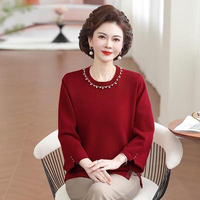 Elegant Round Neck Beaded Knitwear for Mothers - Autumn Loose Fit Top for Middle-Aged and Elderly Women