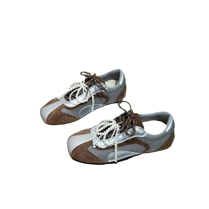 Double Color Ribbon Training Shoes Women Spring Summer Soft Sole Beaded Bow Mesh Casual Shoes Women