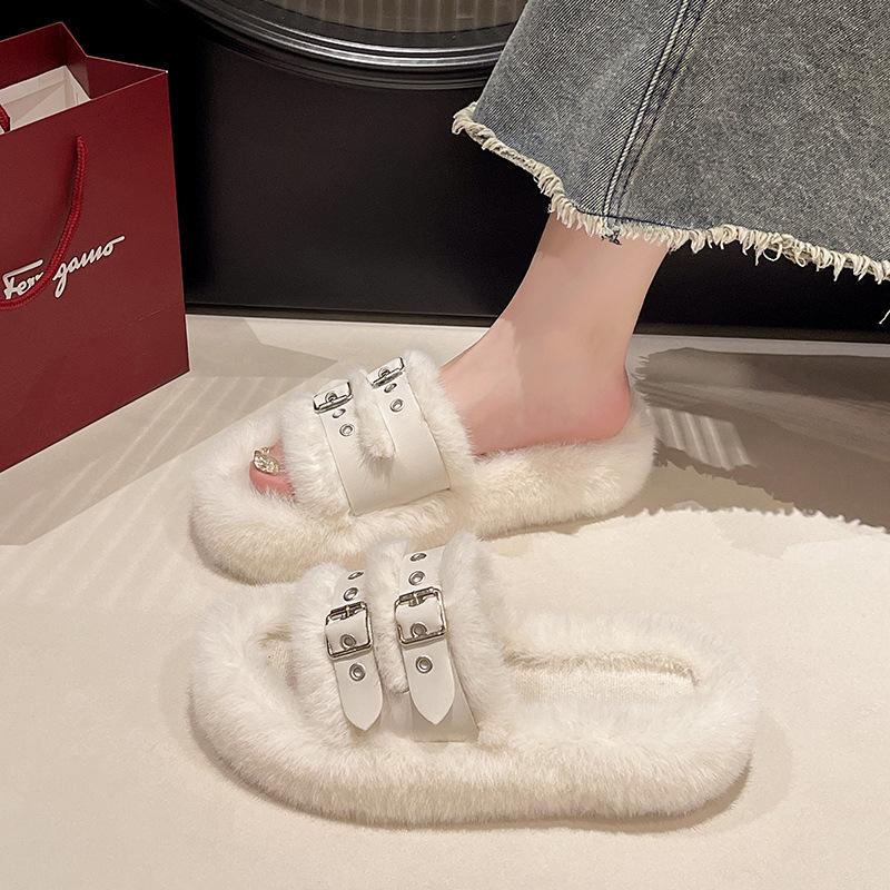 

2025 autumn and winter new thick-soled fluffy slippers outer wear women s versatile fashion soft bottom light luxury light stepping on shit feeling 35