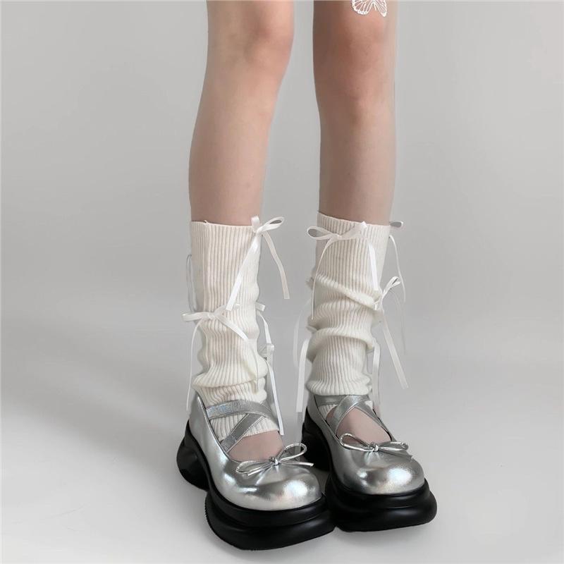 Sweet Sock-style Women's Bow Mid-calf Socks Women's Knitted Half-calf Leg Covers Grey Pile Socks