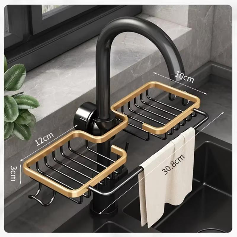 Kitchen Faucet Storage Rack, Sponge Soap Drainage Storage Rack, Hanging Sink Storage Rack with Towel Bar