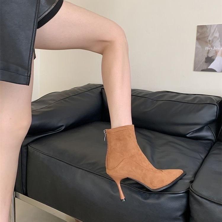 Suede Autumn and Winter High Heel Short Boots Versatile Skinny Boots Women's Elastic French Retro Sub Thin Heel Back Zipper Pointed New