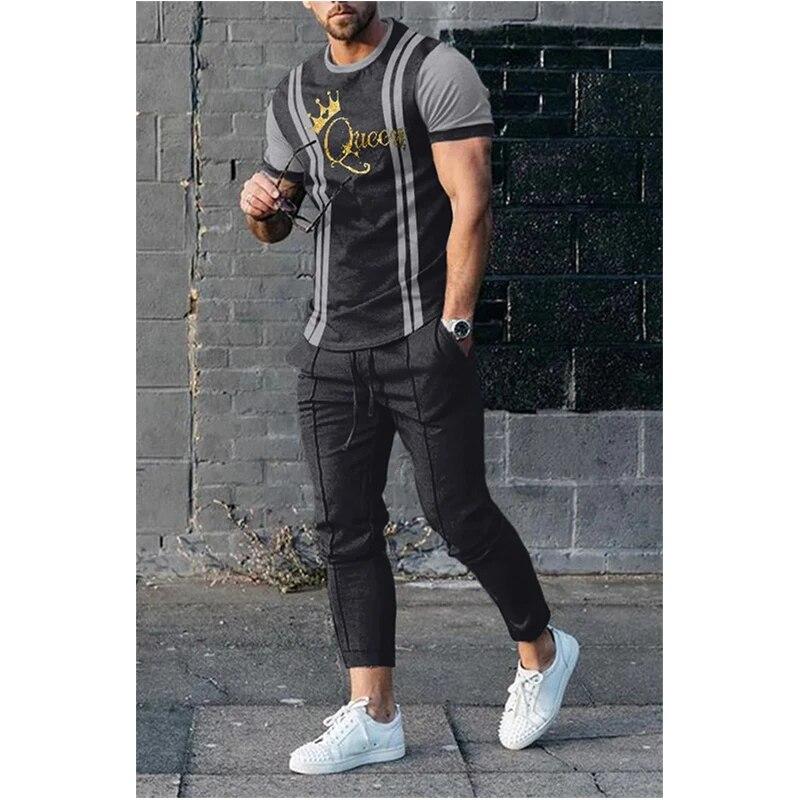 Pantaloni Estivi da Uomo Tuta Set 2 Pezzi Maglietta a Maniche Corte con Stampa 3D Divertente Cuore Sanguinante+Pantaloni Lunghi Abbigliamento Street
