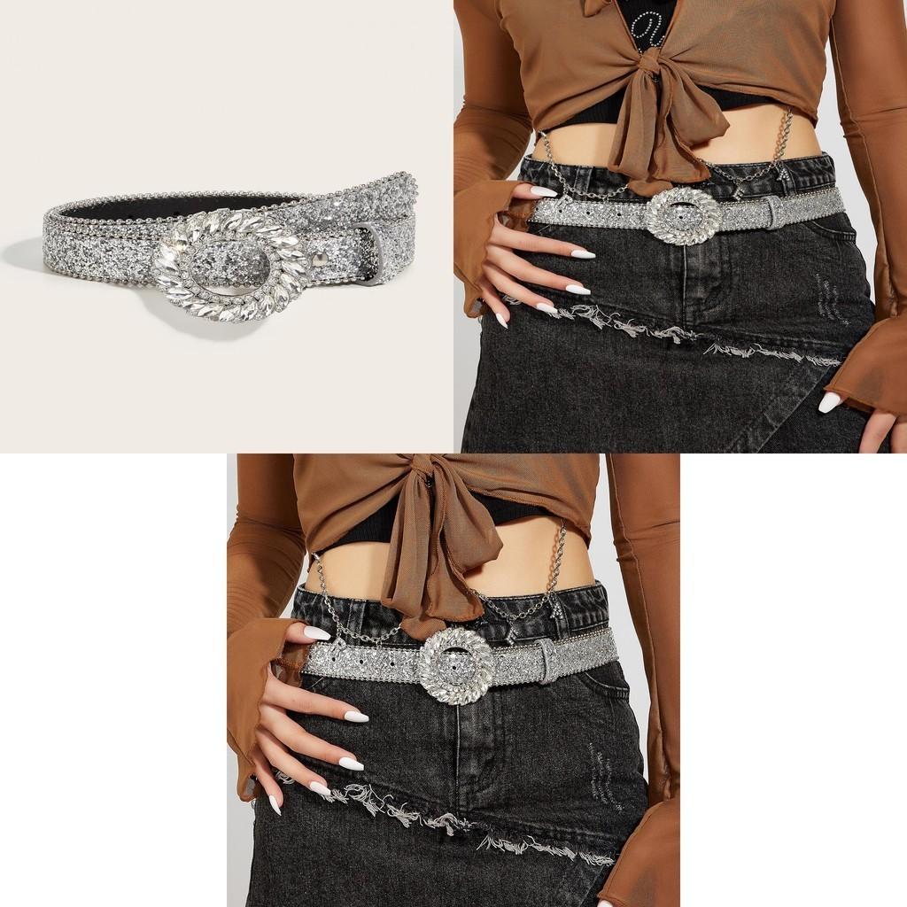 Trendy Wide Waist Belt With Circular Rhinestone Buckle European American Style