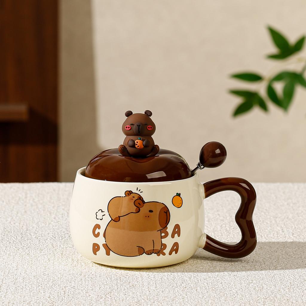 Cartoon Capibala Ceramic Mug with Lid Creative Coffee Milk Tea Water Cup Cute Children Breakfast Cup Household Drinkware