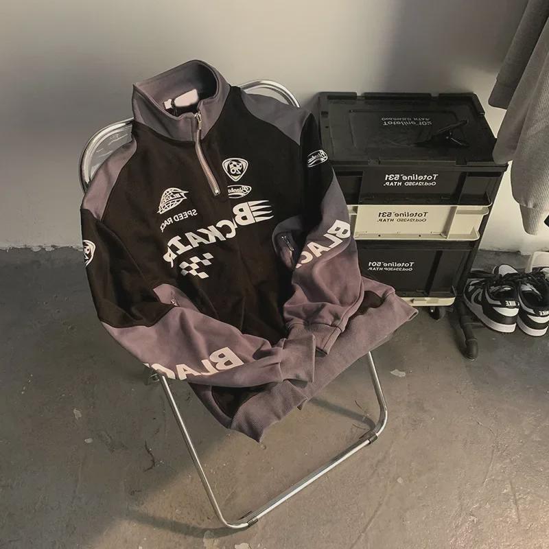 Hanorac de curse retro american cu fermoar pe jumătate pentru bărbați și femei - Jachetă de motociclist trendy de stradă înaltă pentru primăvară/toamnă