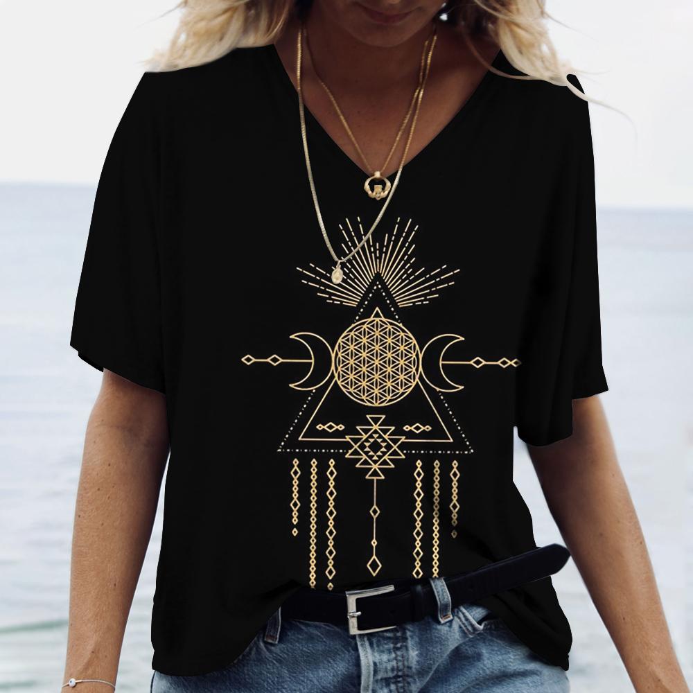2023 Women's V-neck T-shirt Street Ancient Egyptian Ethnic Costume Print Women's Top Short Sleeve Casual Fashion Women Clothing