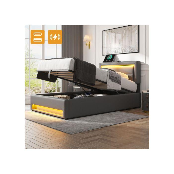 Lit rembourré - MUVOE - 90 x 190 cm - USB - Éclairage LED - Espace de rangement