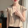 Solid-color Pleated Design Blouse T-shirt, New Spring/summer Style, V-neck, Dropped Shoulders, Short Sleeves, Women's Shirt