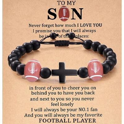 1PC  Sports Wind Football Bead Cross Hand Rope, Sports Ball Black Stone Bead Bead Weaving Adjustable Bracelet with Cardboard