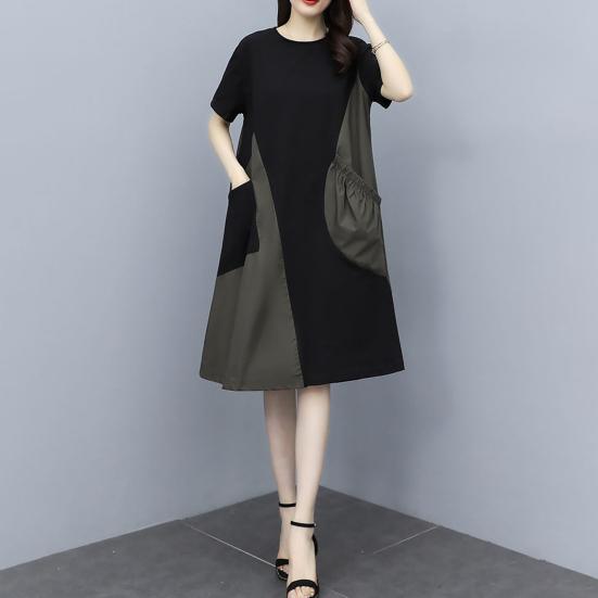 Damen Midi Kleid Rundhalsausschnitt Kurzarm Locker Geschnitten Sommerkleid mit Taschen Patchwork Farbe Leichtes Freizeitkleid