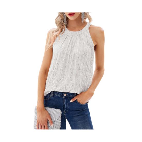 Women Vest Halter Neck Off Shoulder Sleeveless Tops Loose Fit Pure Color Sequin Decoration Party Tops Casual Daily Wear