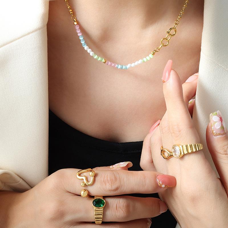 New Accessories Imitation Pearl String Opal Necklace Bohemian Trend National Wind Titanium Steel Gold Plated Chain Jewelry