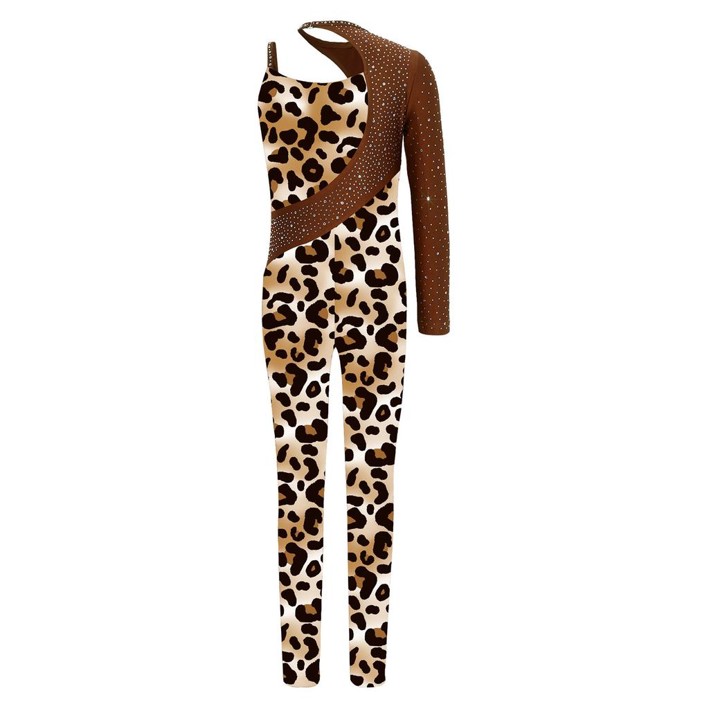Girls Shiny Rhinestone Printed Gymnastics Jumpsuit Asymmetrical Full Length Bodysuit