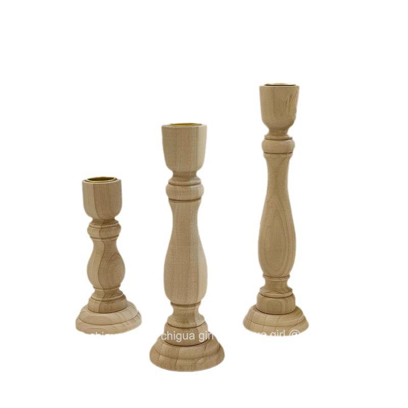French-style Retro Wooden Column Candlestick for Dining Table Decoration
