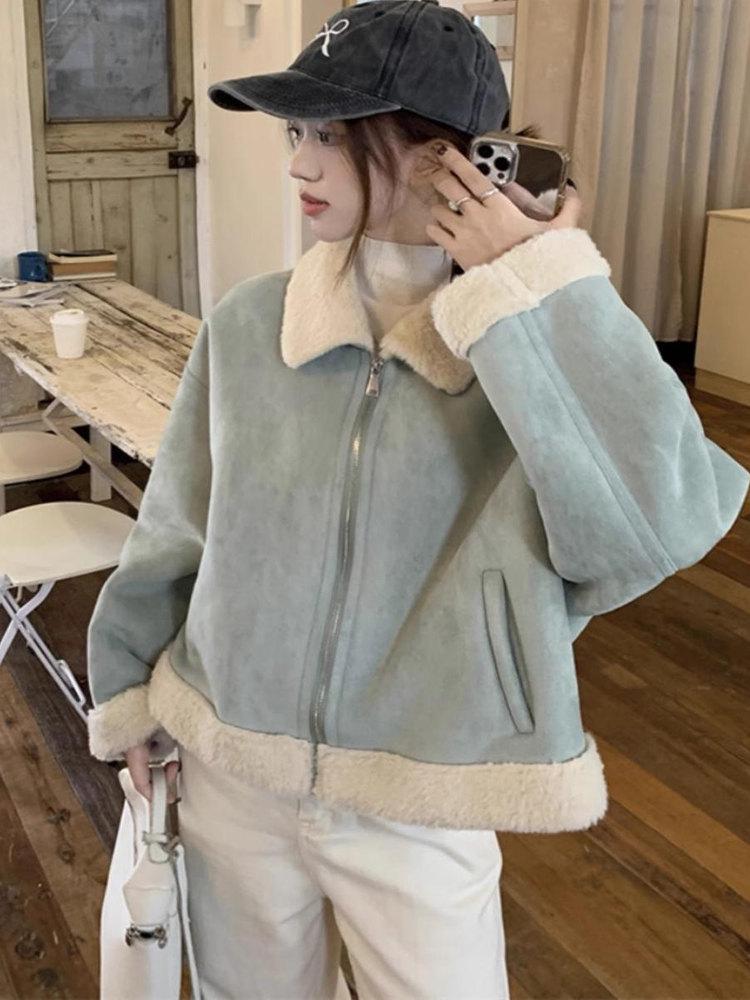 Hochwertige Damenjacke für zierliche Frauen 2025 aus Plüsch-Lammwolle - Pelzgefüttert, verdickt, warm und kurz mit Revers