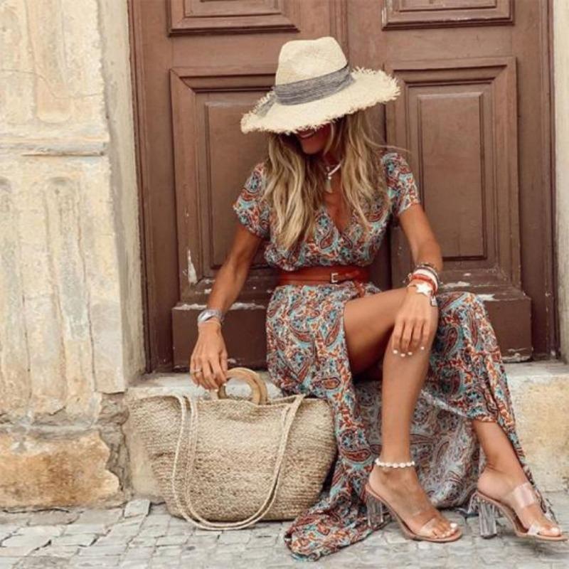 Boho Dámské dlouhé šaty s výstřihem do V s krátkým rukávem Paisley s potiskem s velkým lemem