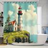 Lighthouse Cliff View Shower Curtain Scenic Coastal Home Decor with Red Roof and Blue Sky Background Waterproof Polyester Fabric