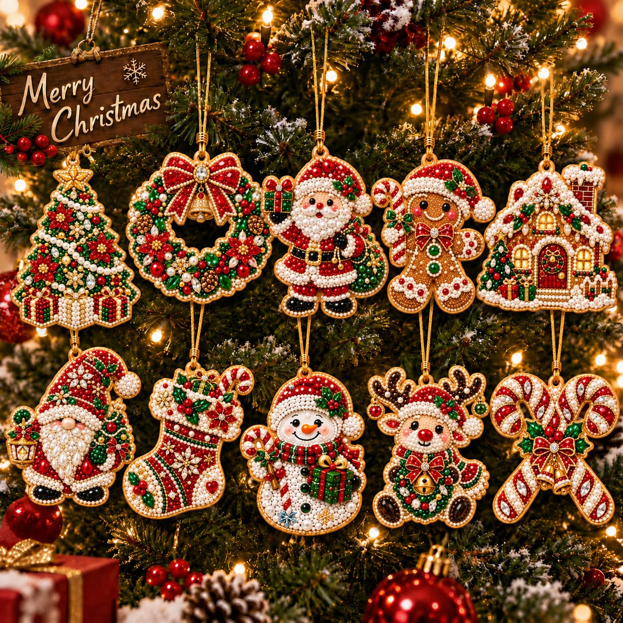 Houten Kerstversieringen, DIY Parel Kunst Kits voor Volwassenen, Kerst Diamant Kunst Kits voor Volwassenen, 10 Houten Ontwerpen met Hennep Touw