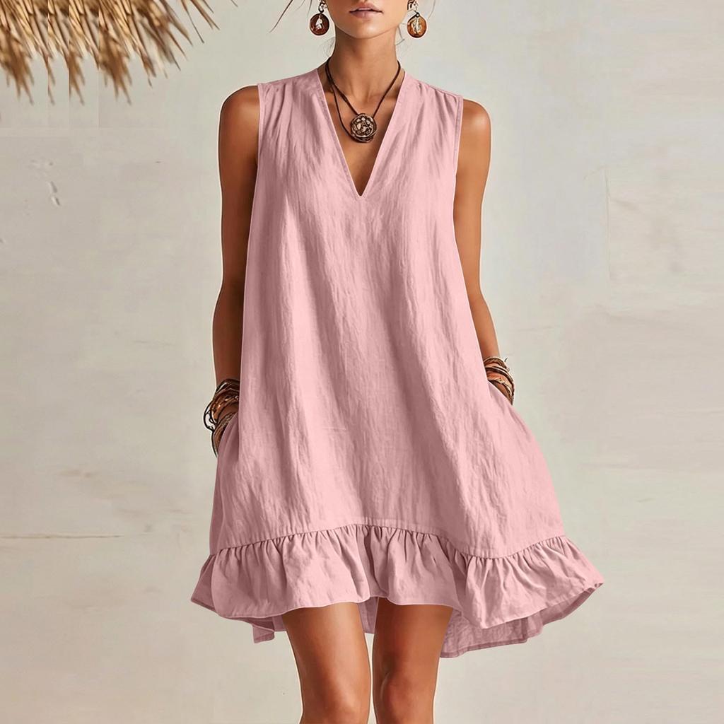 Damen V-Ausschnitt Ärmellos Rüschensaum Locker Sitzendes Kleid mit Taschen Sommerlich Lässig Leicht Einfarbiges Tunika-Kleid für den täglichen Gebrauch