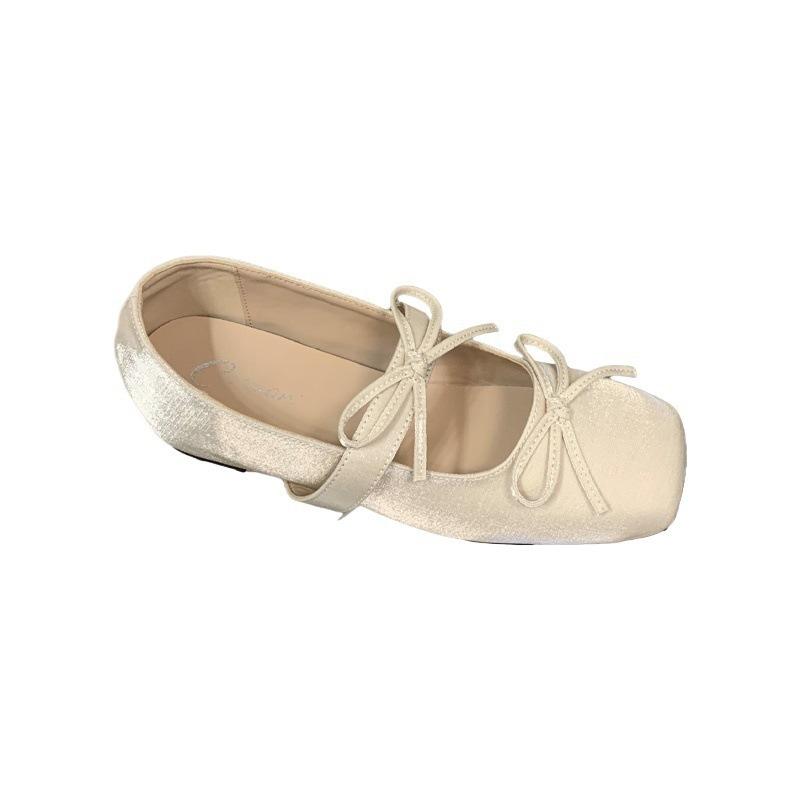 French sweet wind double bow Mary Jane shoes square head shallow mouth inner height increase single shoes women's 2025 new ballet
