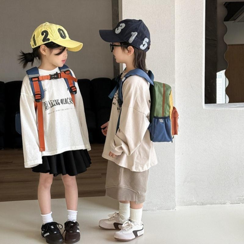 1pcs Solid Color Spliced Children's School Bags Cute Kindergarten Backpack Boys Girls Outdoor Travel Lightweight Backpacks Adjustable Straps
