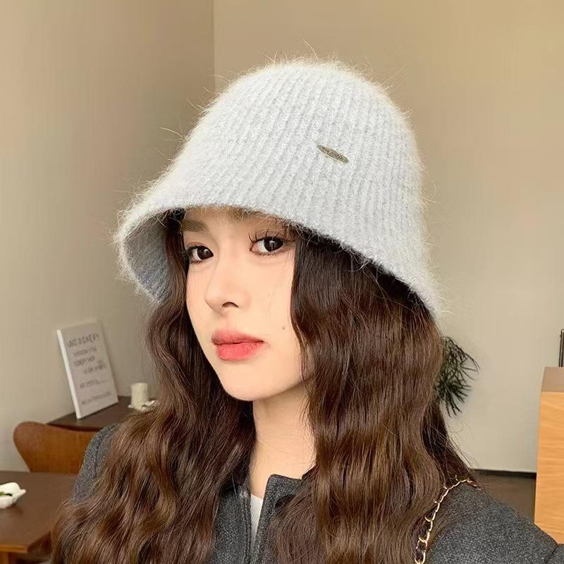 

Vertical striped rabbit hair knitted bucket hat women s autumn and winter versatile retro warm bucket hat tide