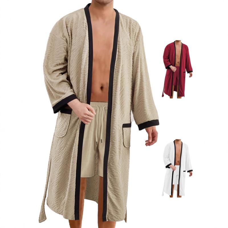 25 Years Men's Long Jacquard Soft Plain Belt Men's Bath Gown Loose and Comfortable Home Clothes