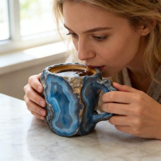 Fake Mineral Crystal Coffee Mug with Ergonomic Handle 11 Ounces Handcrafted 3D Mineral Rock Cup Tea Milk Water Drinking Cup