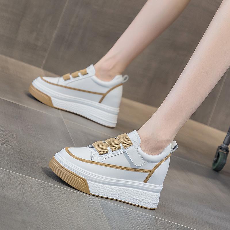 Board Shoes Women's 2025 New Leather Shoes Versatile Thick-soled Muffin Shoes Inner Height Increase Casual Women's Shoes Velcro Single Shoes