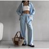 Women's 2-piece Solid Color Cardigan With Pocket Fashion Casual Wide Leg Pants Set European American Trendy Outfit