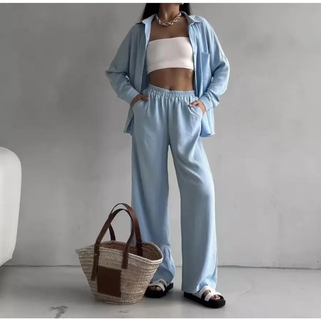 Women's 2-piece Solid Color Cardigan With Pocket Fashion Casual Wide Leg Pants Set European American Trendy Outfit