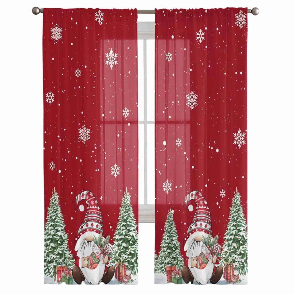 Christmas Gnome Christmas Tree Red Sheer Curtains for Living Room Decoration Window Curtains Kitchen Tulle Voile Curtains