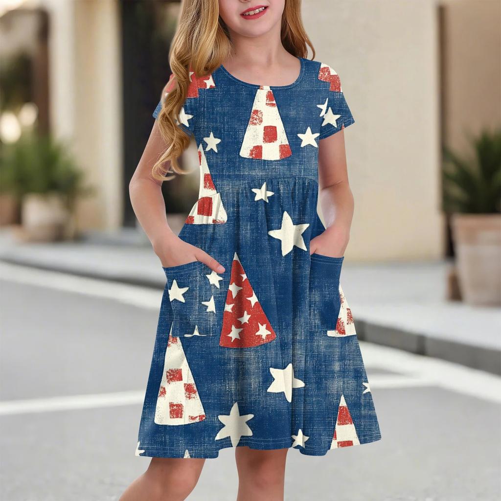 Kinder Rundhals Kurzarm Prinzessinnenkleid Modisch Und Lässig Tasche Mädchen Unabhängigkeitstag Kleid