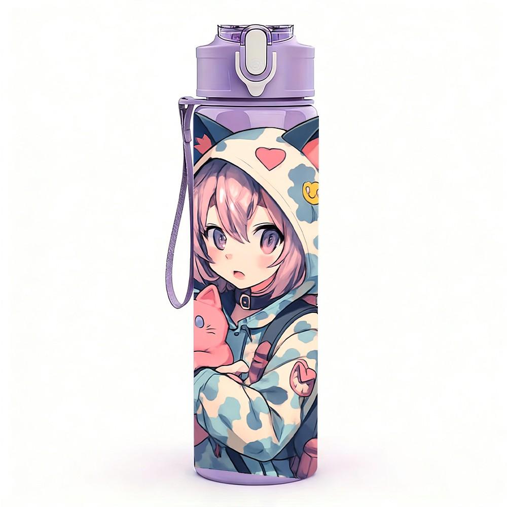 1PC Anime Girl Cat Ear Hoodie Print 750ml Color Plastic Sports Water Bottle Leakproof Flip Straw Lid Suitable for Sports Office Home Use