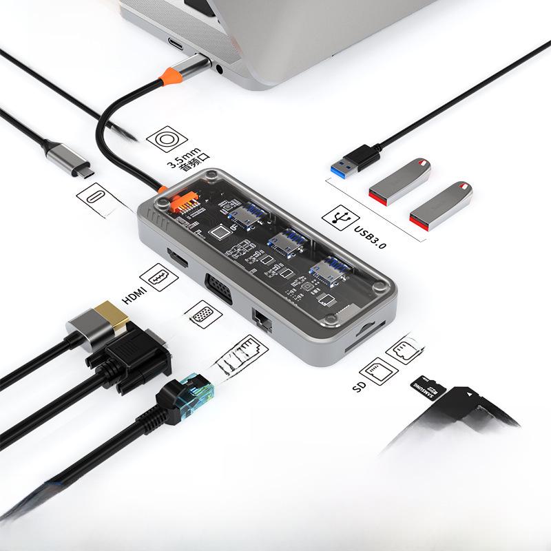10-in-1 Transparent Type-C USB Hub Expansion Dock