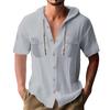 Men's Summer Solid Color Pockets Cotton Linen Short Sleeve Button Hooded
