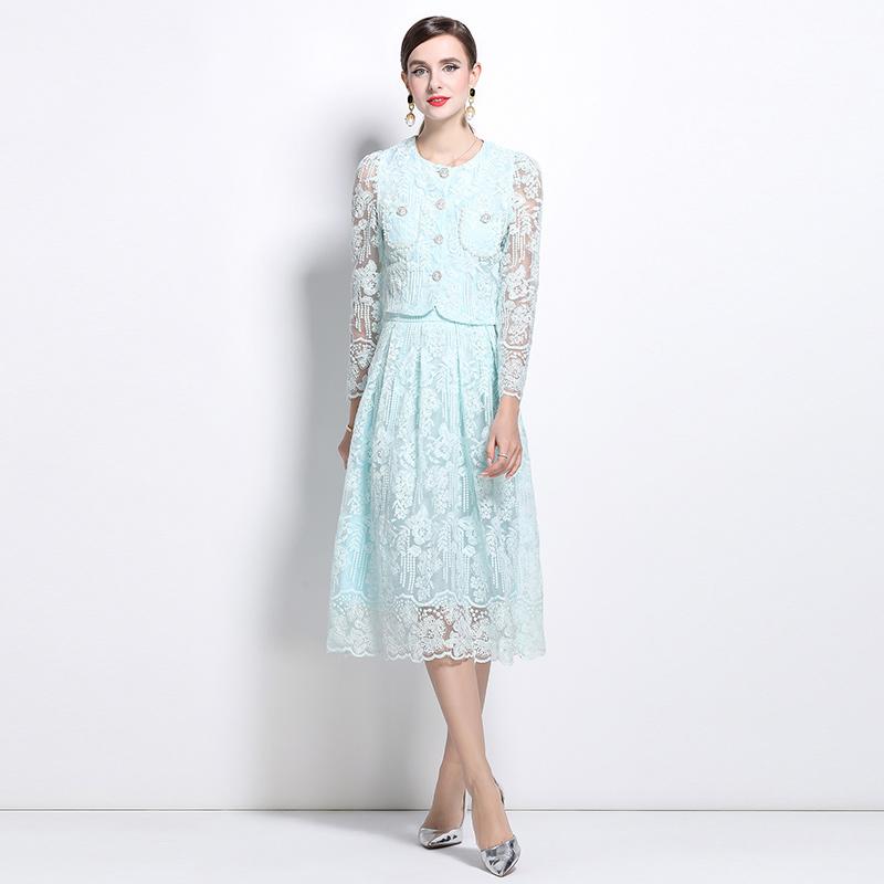 Female Floral Embroidery Two Piece Set Women Suit Elegant OL Long Sleeve Shirt Midi Skirts 2 Piece Outfit