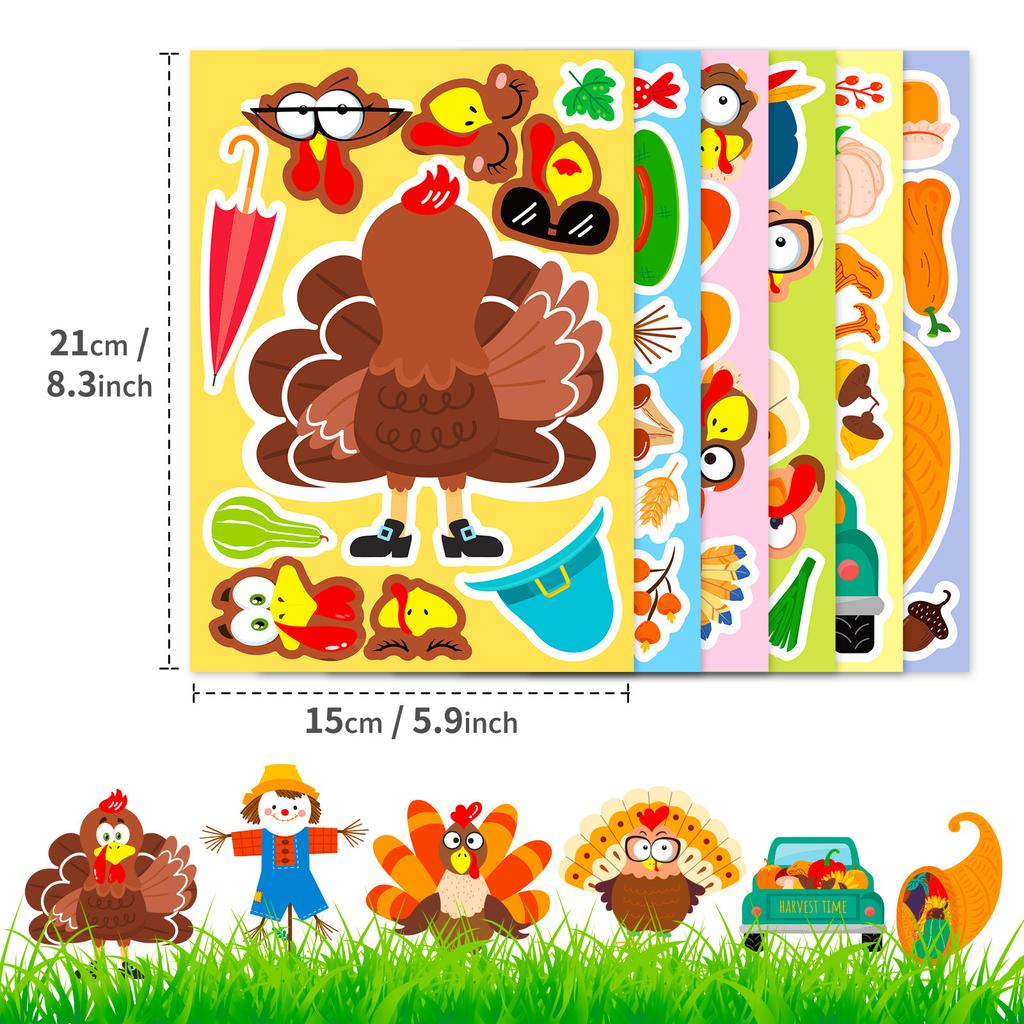 6 Packs Turkey Thanksgiving Puzzle Face Change Sticker Cartoon Turkey Puzzle Diy