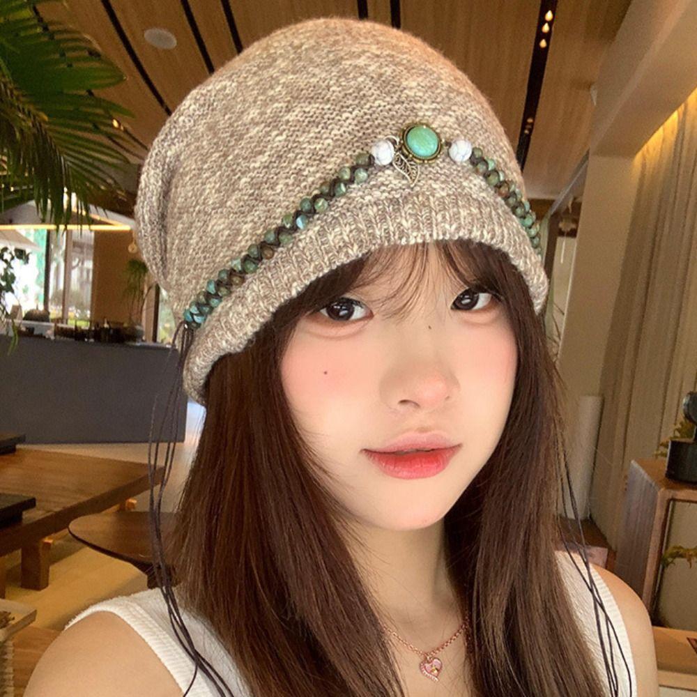 Ethnic Style Bohemian Beanies Hat Coldproof Jacquard Woolen Hat Casual Beaded Fringed Cap  Female