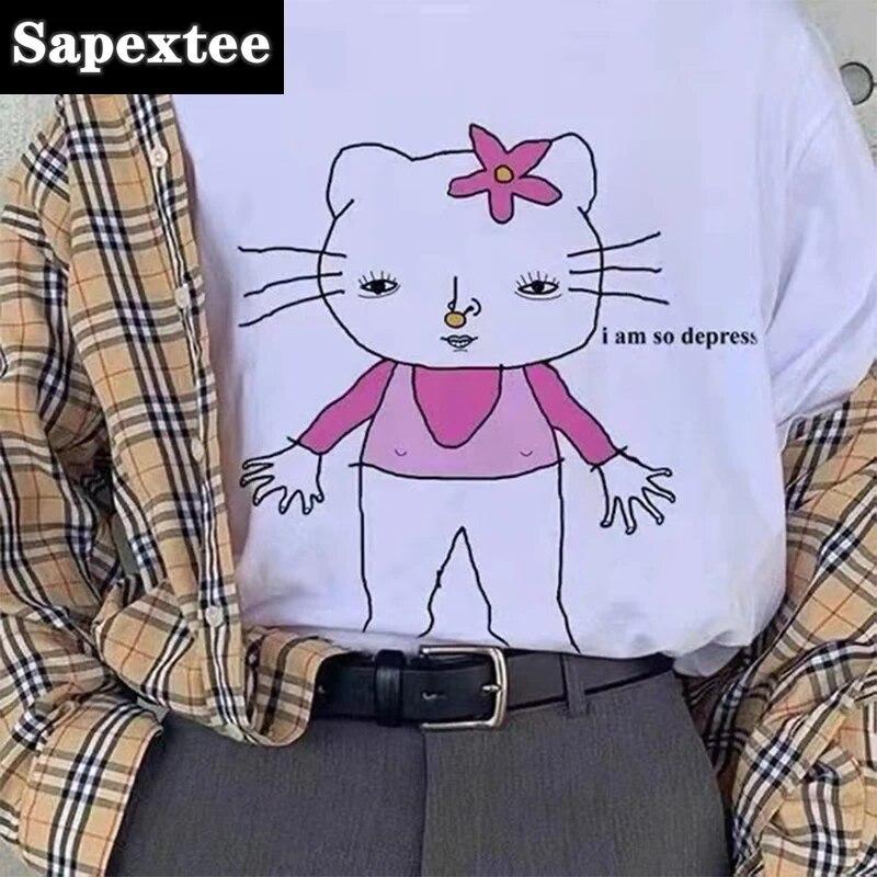 Tricou cu imprimeu pisicuță amuzant în stil japonez Harajuku pentru fete, alb, mai mare, din bumbac, cu gât rotund, cu mânecă scurtă, tricou grunge pentru femei
