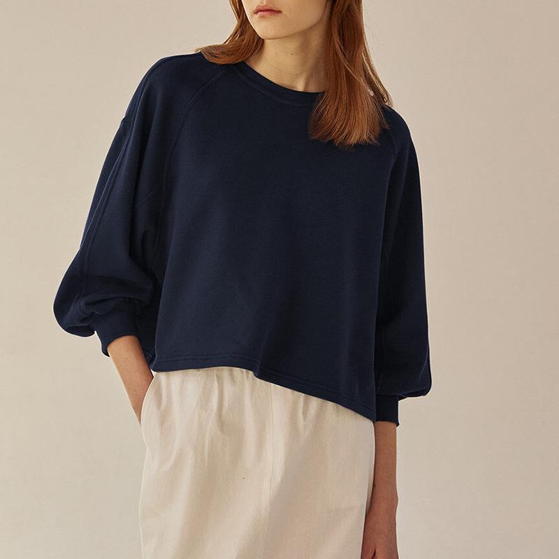 Spring 2025 French Casual Cotton Sweater - Loose Fit, Short Lantern Sleeves for Women