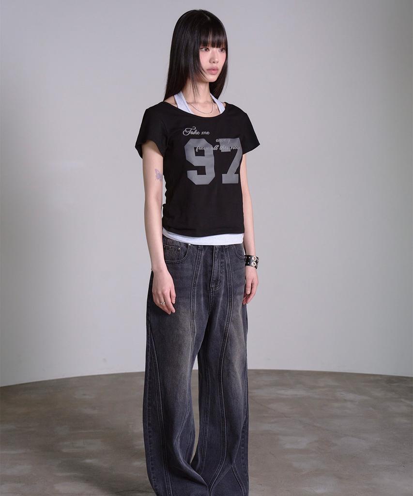 PRENDA 97 Curved Layered Graphic Top Black